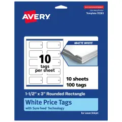 Avery Printable Rounded Rectangle Price Tags, Sure Feed Technology, 1-1/2" x 3", Matte White Cardstock, Print-to-The-Edge, Laser/Inkjet Printable, 100 Total