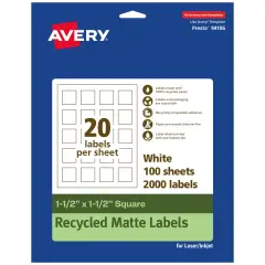 Avery Recycled Matte White Labels,1-1/2" x 1-1/2" Square