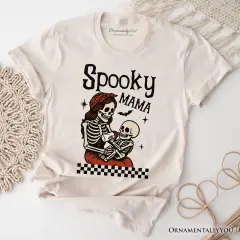 Spooky Mama Skeleton Halloween T-Shirt, Momster Retro Checkered Tee With Boo Vibes