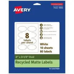 Avery Recycled Matte White Labels,2" x 3-1/3" Oval