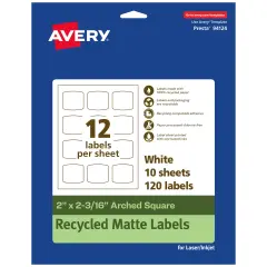 Avery Recycled Matte White Labels,2" x 2-3/16" Arched Square