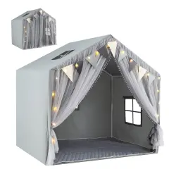Fabric Large Toddler Playhouse Tent with Door, Curtains, and Windows Grey