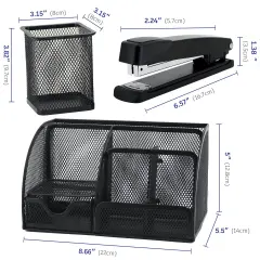 Desk Organizers, Office Supplies Desktop Organizer with Drawer and 6 Compartments, Black Desk Caddy + Pen Holder/Stapler with 1000 Staples Combo for Office Home School