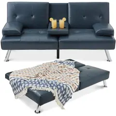 Best Choice Products Modern Faux Leather Convertible Futon Sofa w/ Removable Armrests, 2 Cupholders Blue