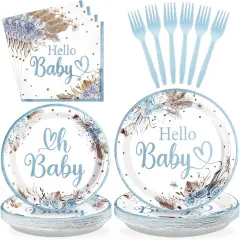 96 PCS Boho Dusty Blue Baby Shower Decorations & Tableware Set - Serves 24