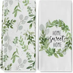 Greenery Kitchen Towel 18 x 28 Inch Watercolor Green Leaves Dish Towel Home Sweet Home Eucalyptus Hand Drying Tea Towel for Spring Summer Baking Cooking Cleaning Party Supplies, 2Pcs