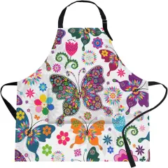 Apron Home Kitchen Cooking Baking Gardening for Women Men With Pockets Floral Colorful Butterflies Flowers Romantic 32x28 inch