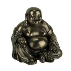 Bronze Finish Laughing Buddha Holding Beads and Bag Statue