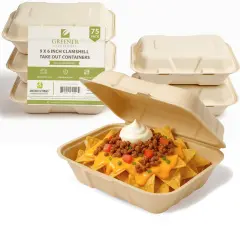 Greener Settings 75-Pack Compostable 9x6 Inch Clamshell Food Containers, Disposable Heavy-Duty Bagasse To-Go Boxes, Microwavable, Recyclable, Freezer Safe for Nachos, Wings, Cookies, Meals