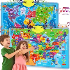 QUOKKA Educational Toys for Kids 5-7 Year Old - USA World MapsLearning Wall Chart for Toddlers Age 3 4 6+ - Interactive Speech Therapy Poster Boy Girl - Autism Game 8-10-12