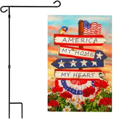 G128 Combo Pack: Garden Flag Stand 36x16IN & Garden Flag America My Home My Heart Printed 12x18IN Double Sided