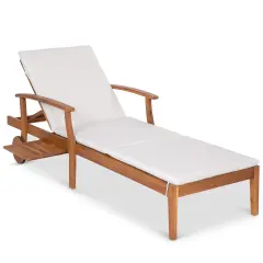 Best Choice Products 79x26in Acacia Wood Outdoor Chaise Lounge Chair w/ Adjustable Backrest, Table, Wheels Cream