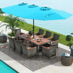 Costway 10 Pieces Patio Wicker Dining Set with Double-Sided Patio Umbrella 8 Armchairs Grey/Red/Orange/Turquoise/Beige/Coffee