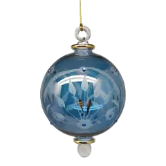 Etched Blown Glass Ball with Crystal Accents - Blue