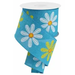 2.5" Embroidered Daisy Ribbon: Turquoise (10 Yards)
