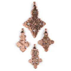 4 Pack: Ethiopian Copper Coptic Cross Pendants: Authentic Ethiopian East African Design for Jewelry & Necklace Making