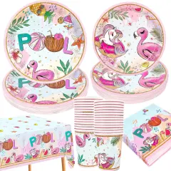 Summer Pool Party Decorations- 121PCS Pink Pool Plates and Napkins Set Beach Party Cups Tablecloths Flamingos Unicorns