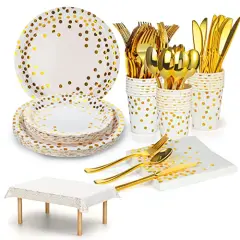 168 Pieces Pink and Gold-Pastel Party Supplies, Severs 24 Disposable Party Dinnerware Include Paper Party Plates, Cups, Napkins, Straw, Wooden Fork Spoon for Wedding,Christmas (White and Gold)