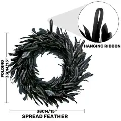 Black Feather Wreath Halloween Wreath 14.9'' Black Natural Cocktail Feather Wreath, Halloween Photo Props, Front Door Decor Witch Spooky Scene Halloween Party Decorations