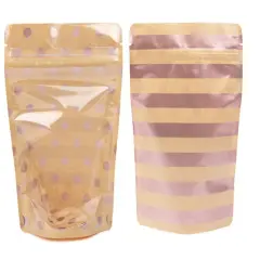 Kraft Stand Up Zipper Pouch w/ Rose Gold Dots & Stripes 5 1/8" x 3 1/8" x 8 1/8" 25 pack ZBGSW3SDR