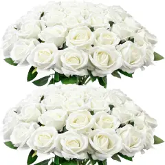 Fake Velvet Silk White Roses with Long Stems Realistic Bouquet for Wedding Centerpieces