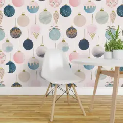 Peel & Stick Wallpaper 2FT Wide Modern Christmas Ornaments Blush Pink Denim Blue Feminine Custom Removable Wallpaper by Spoonflower