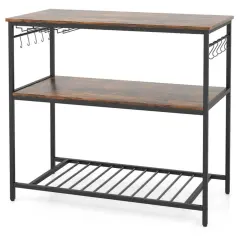 3 Shelves Kitchen Island Industrial Prep Table with Bottom Wine Rack-Rustic Brown