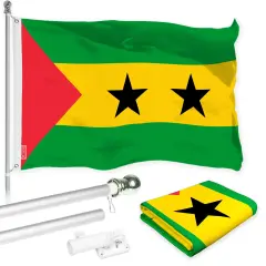 G128 Combo Pack: 6 Ft Twist Free Aluminum Spinning Flagpole (Silver) & Sao Tome and Principe Flag | 3x5 Ft | LiteWeave Pro Series Printed 150D Polyester | Pole with Flag Included