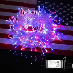 4th of July Decorations 300 LED Red White and Blue String Lights Plug-in, 8 Modes 108ft Independence Day Fairy Lights for Patriotic Party Decor Indoor Outdoor