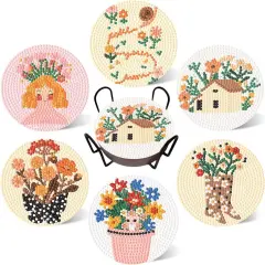 6 Pcs 5D Diamond Painting Coasters Kits with Holder, Diamond Art Coasters Set for Drinks Coffee Table, Diamond Painting kit for Beginners Adults DIY Art Craft Gifts Home Decors