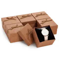 6 Pack Small Gift Boxes with Lids and Velvet Pillow for Jewelry, Presents, Bracelets, Necklaces (3.5 x 3.5 in) Brown