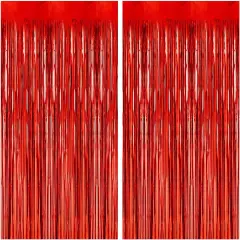 2 Pack 3.2ft x 8.2ft Red Foil Fringe Curtains Party Photo Backdrop Party Streamers for Birthday,Graduation,New Year Eve Decorations Wedding Decor