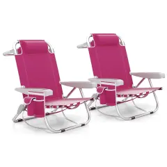 Aluminum Reclining Beach Chairs with Storage Set of 2 Pink