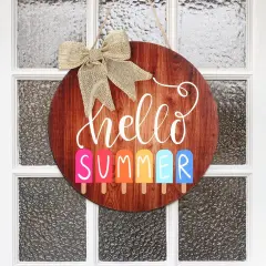 Hello Summer Sign 12 x 12 Inch Summer Welcome Sign Front Door Decor Farmhouse Porch Decoration Round Wooden Hanging Sign for Home Beach Restaurant Shop