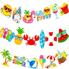 2pcs Summer Beach Pool Party Banners Hello Summer Party Decorations Beach Pool Theme Birthday Banner Decorations for Hawaii Party Baby Shower Supplies