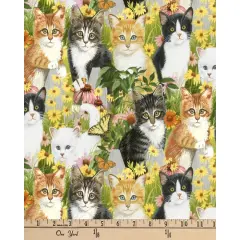 Cats Daisies Digital Cotton Fabric | By the Yard | Sewing and Crafting | 44 inches wide