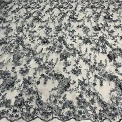1 Yard Beaded Rhinestone 3D Floral Lace Fabric for Bridal Dresses Dance Costumes 50" Width Blue/Grey