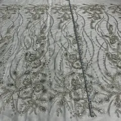 1 Yard Beaded Lace Fabric on 100% Polyester Net Mesh, Embroidered Lace Fabric, 52" Width Antique Silver