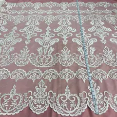 1 Yard Elegant Beaded and Corded Bridal Lace Fabric Embroidered on Polyester Net Mesh 51" Width Ivory