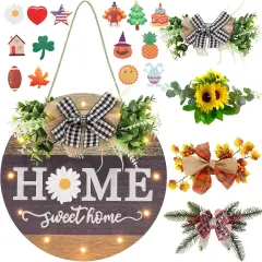 Interchangeable Seasonal Welcome Sign with Wreaths and LED Light
