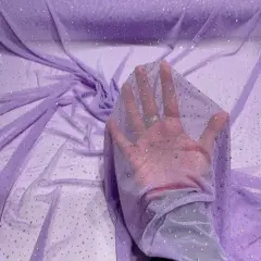 1 Yard Sheer Power Mesh With AB Rhinestones Stretch Fabric for Dancewear, Gowns & DIY Lilac
