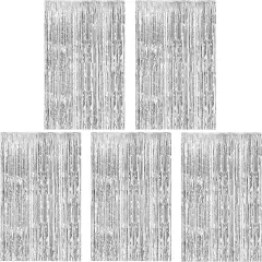 5 Pack Silver Foil Curtain Backdrop Metallic Tinsel Foil Fringe Curtains Photo Booth Props for Birthday Wedding Engagement Bachelorette Christmas Holiday Celebration Party Decorations Supplies
