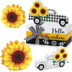 5 Pcs Sunflower Table Decorations Summer Tiered Tray Decor Mini Wooden Decorative Books Stack with Twine with Wood Truck Sign for Home Kitchen Shelf Tabletop Centerpieces