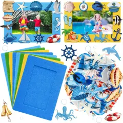232 Pieces Summer Ocean Beach DIY 5'' x 7'' Picture Frame Craft Kit 32 Summer Under The Sea Felt Photo Frames and 200 Foam Stickers for Holiday Game Activities(Ocean,Cool Color)