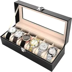 6-Slot Leather Watch Box Organizer with Glass Lid - Jewelry Storage Case, Multi-Functional Display for Men, Gift Idea (Black)