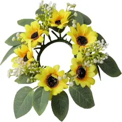 Summer Candle Ring Sunflower Mini Wreath Artificial Flowers Wedding Centerpieces 10" for Home Garland Tabletop Farmhouse Rustic Country Party Decor