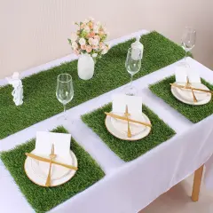 8 Packs 12 x 12 Inch Squares Grass Placemats Artificial Grass Mat Fake Turf Astroturf Squares Placemat Synthetic Grass Turf Patch Washable Green Fake Grass Patch Tiles for Outdoor Picnic Party