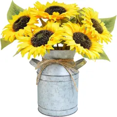 Artificial Sunflowers in Rustic Galvanized Metal Milk Vase 12" Tall Farmhouse Centerpiece Yellow Silk Sunflower Stems Floral Arrangements for Country Fall Wedding Home Kitchen Table D&eacute;cor
