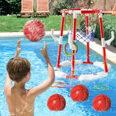 Pool Basketball Hoop Toys for Kids Ages 4-8 8-12 Adult, Summer Outdoor Swimming Pool Games Water Play Toys Family Party for Teens, 2in1 Pool Basketball Hoop & Rings Game with 4 Balls 12 Rings and Pump
