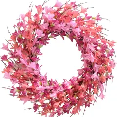 20inch Artificial Forsythia Flower Wreath Summer Fall Wreath Silk Leaves Wreath for Front Door Wreath Porch Farmhouse Patio Garden Home Decor (Pink)